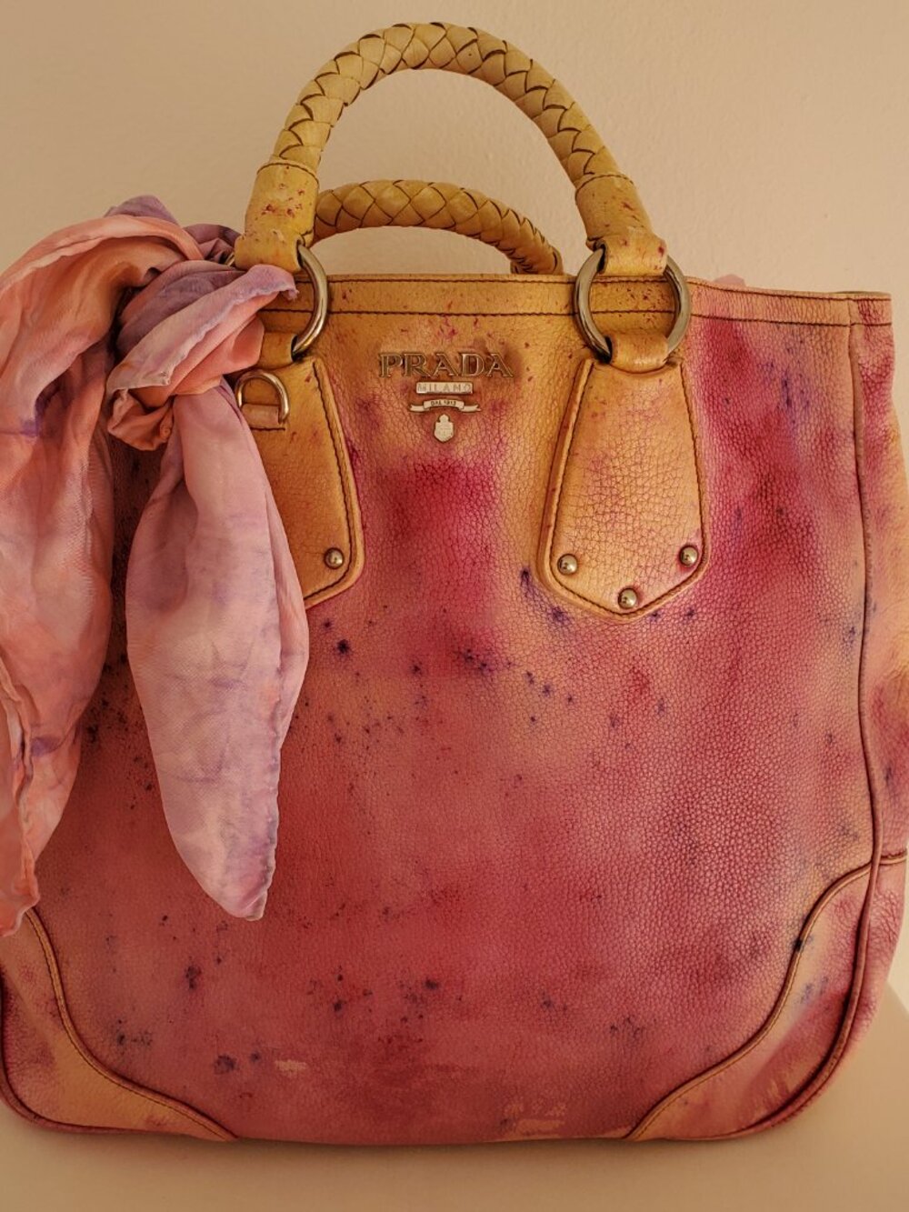 Prada leather bag purple Pink orange blue XL double handle Tote shopper tie dyed